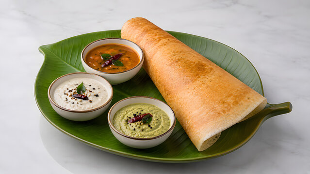 South Indian masala dosa served with sambar and assorted chutneys on a green banana leaf shaped plate