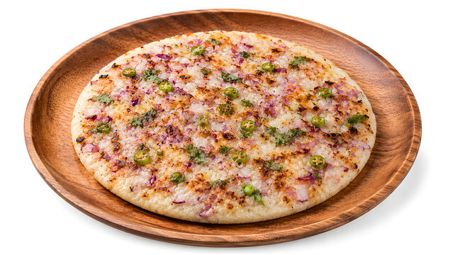 Traditional onion uttapam semolina pancake topped with chopped vegetables served on a round wooden platter isolated on white background