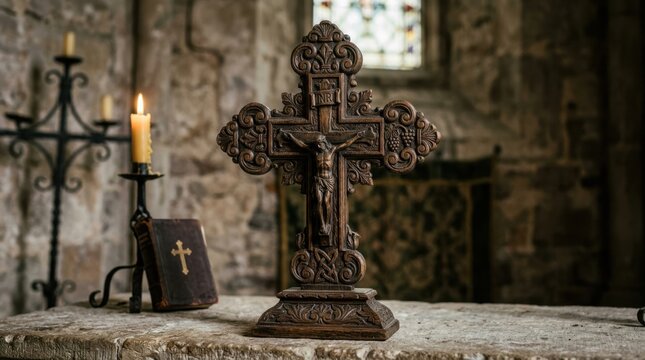Old metal crucifix cross with a holy bible and burning candles standing on a rustic wooden table in a dark room