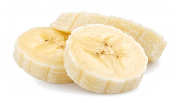 Fresh banana slices isolated on white background, healthy tropical fruit ingredient for food design and nutrition.