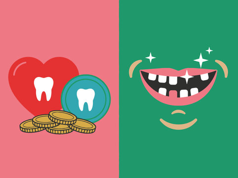 Dental care cost and insurance concept illustration with smile and missing teeth