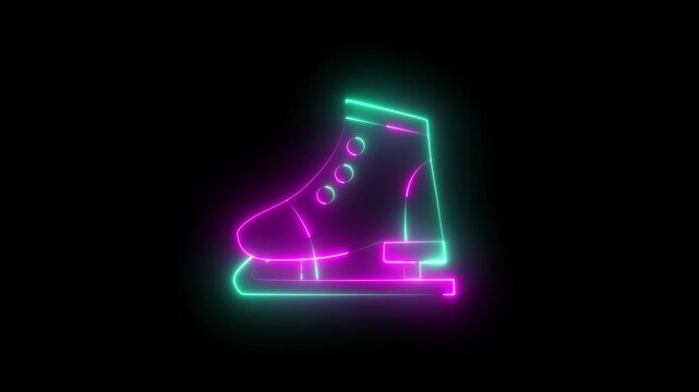 glowing neon running shoe icon isolated on black background. Sneaker shoe and athletic footwear icon. 4K video animation.