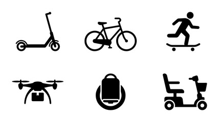 Modern Urban Mobility Icons: Scooter, Bicycle, Skateboard, Drone, Unicycle, Mobility Scooter © Faiza