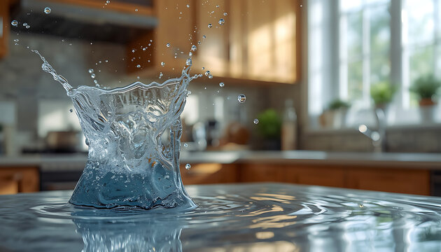 The image shows a high-speed capture of a dramatic water splash creating a crown-like formation and ripples across a reflective countertop inside a kitchen