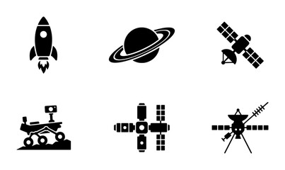 Space Icons: Rocket, Saturn, Satellite, Rover, Station, Probe, Vector Set © Akhi