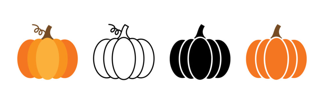 Collection of pumpkin vector icons in different styles for fall, harvest, autumn, vegetable, food, and seasonal design projects.