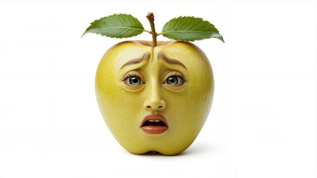 Surprised green apple character with a human face showing shock and distress on a white background. Surreal 3D fruit animation for emotional or humorous concepts.