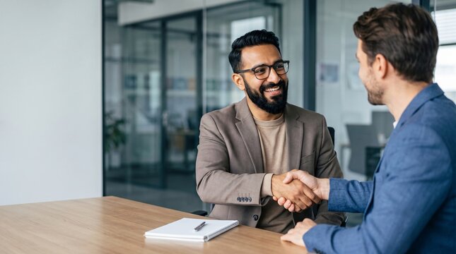 Mature smiling happy professional business man executive, male hr recruiter or bank manager hiring recruit at job interview onboarding corporate office meeting. Handshake with new client concept.