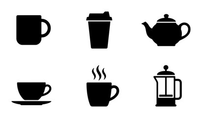 Obraz premium Coffee and Tea Icons: Mug, Teapot, French Press, Cup and Saucer, Takeaway Cup, Hot Drink