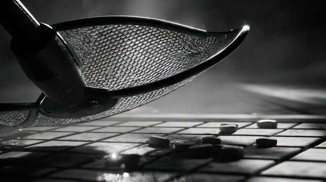 Close up monochrome image of a sieve collecting small objects