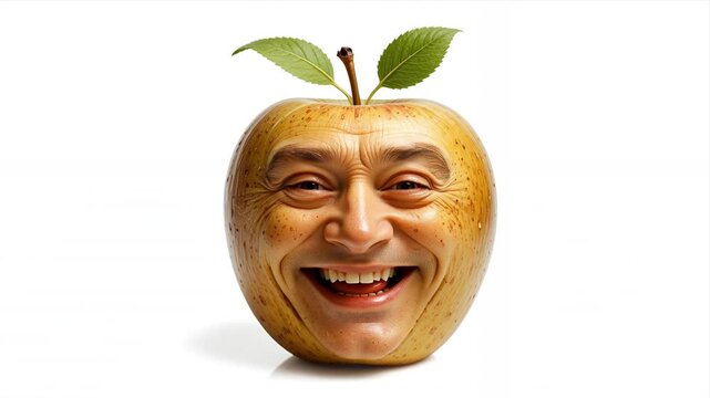 Surreal yellow apple character with a realistic human male face smiling and laughing joyfully on a white background. Unique 3D fruit animation for humorous concepts. 