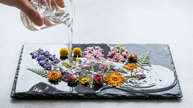 Epoxy Resin Encapsulation: Pouring Liquid Polymer Over Botanical Composition of Pressed Flowers on Slate