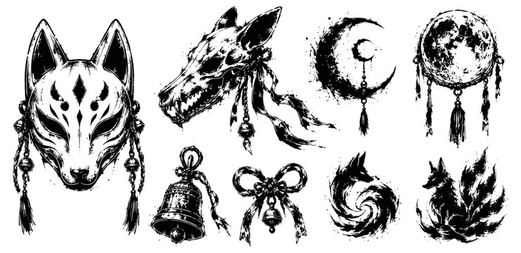 mystical tribal wolf mask and animal skull illustrations with moon, bell, fire, and dreamcatcher symbols