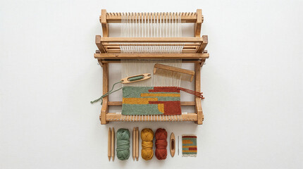 Naklejka premium Top-Down Flat Lay of Wooden Loom: Weaving Setup with Geometric Woven Tapestry, Yarn Skeins, and Craft Tools