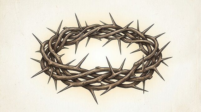 A detailed illustration of a crown of thorns made from twisted sharp branches isolated on a clean white background