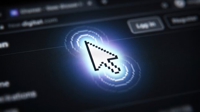 Digital computer mouse arrow cursor clicking on a dark website interface screen with glowing light effect and blue circles