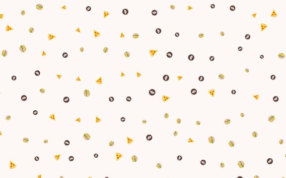 Minimalist fast food repeating motif featuring burger icons pizza triangles and small circles for restaurant interior decoration or menu design.