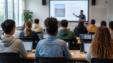 Obraz premium Group of students are attending lecture using laptops in classroom.