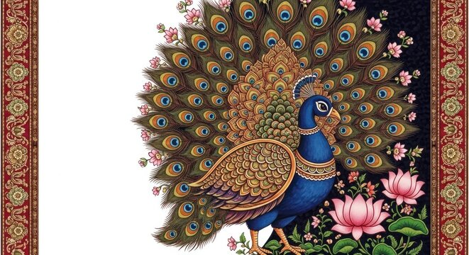Exquisite Peacock Displaying Vibrant Plumage Amidst Floral Embellishments.