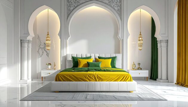 Luxurious bedroom with green accents and arched backdrop.