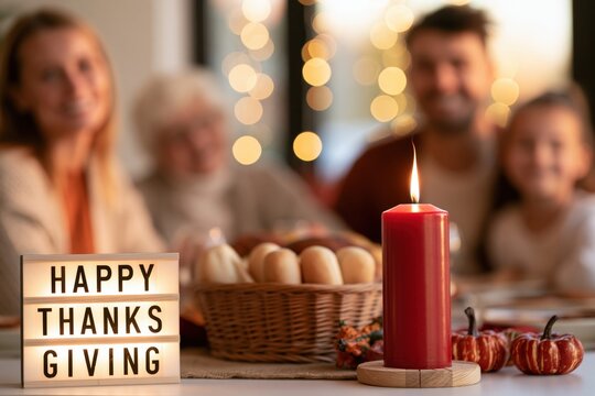 Warm Thanksgiving Gathering with Glowing Candle and Happy Thanks Sign