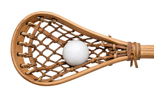 Traditional hand-woven wooden stick with net and white lacrosse ball isolated on transparent background png element