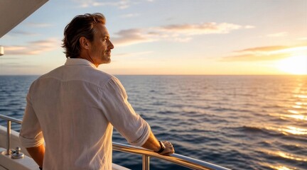 Fototapeta premium Man on Yacht Watching Golden Sunset Over Ocean
