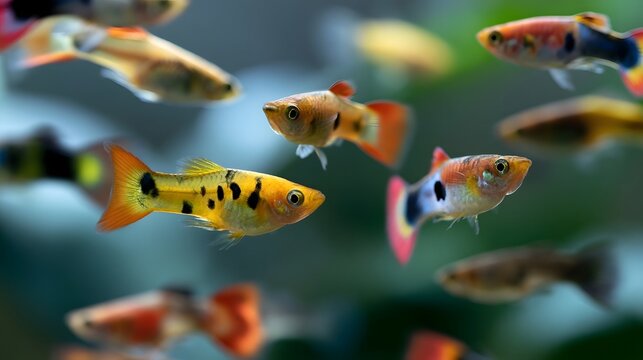 Colorful guppies swim gracefully through clear water  their vibrant fins and spotted patterns catching soft light
