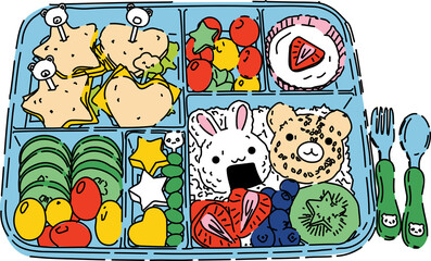 Colorful Kids Bento with Sandwiches Fruit and Vegetables
