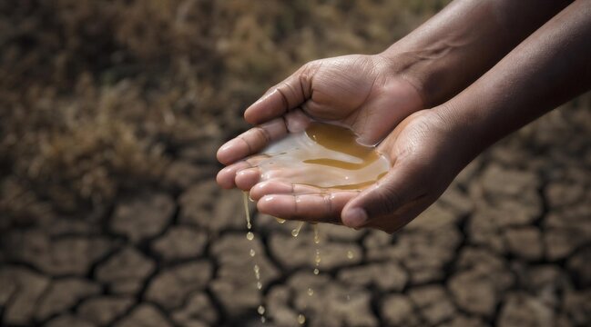 Cupped hands holding muddy water over dry cracked ground