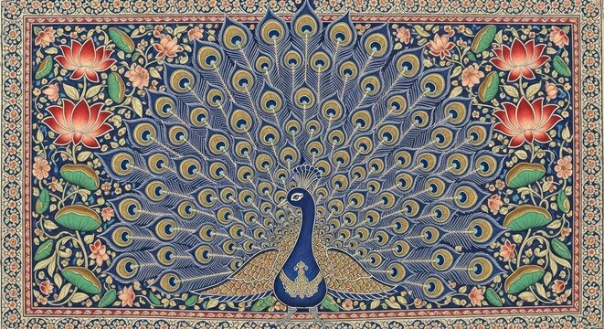 Exquisite Peacock Displaying Vibrant Plumage Amidst Floral Embellishments.