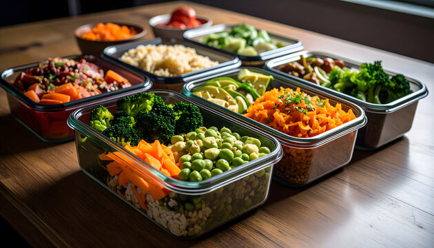 Healthy meal prep containers with fresh food for organized nutrition, fitness, and balanced daily eating.