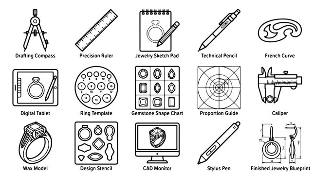 Jewelry design icons set, 15 technical drafting tools for goldsmiths, professional jewelry making equipment vector illustrations