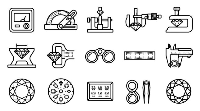 Jewelry appraisal icons, 15 professional gemology tools vector set, diamond grading and measurement equipment outline icons
