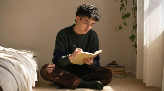 Relaxed person writing in journal by window light at home