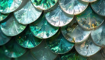 Obraz premium Textured Green and Teal Scalloped Pattern, Abstract Background with Overlapping Scales