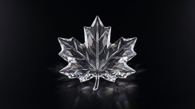 Crystal maple leaf sculpture isolated on a dark background showing intricate faceted glass details with elegant light reflections for luxury home decor or artistic design projects