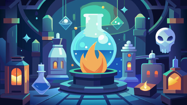 Magic alchemy lab with boiling potions and skull in dark laboratory mysterious experiment illustration creative microstock chemistry supernatural background