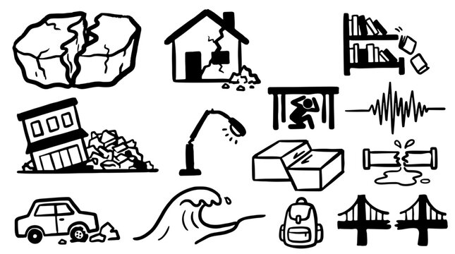 Black and white earthquake disaster doodle icons set