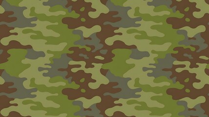 Fototapeta premium Seamless camouflage pattern featuring olive green brown and black organic shapes for military textile design backgrounds