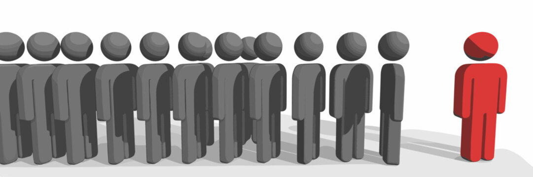 3D Isometric People Icon Set Featuring Standing Red Leader Character Stepping Out From Gray Crowd Group