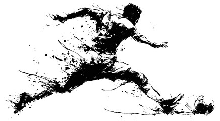 Obraz premium Dynamic soccer player kicking ball with explosive ink splash effect in black and white