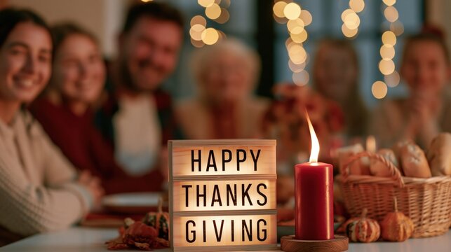 Warm Thanksgiving Gathering with Glowing Candle and Happy Thanks Sign