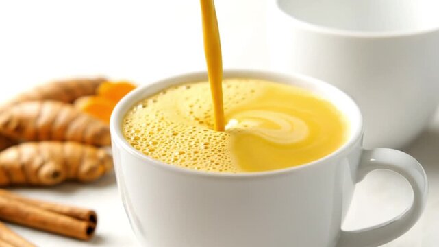 Golden milk turmeric latte froth pour, healthy anti-inflammatory beverage with spices and ginger root
