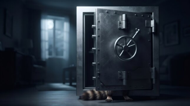 Raccoon hiding behind an open metal vault
