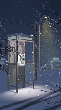 Phone booth and snowy landscape