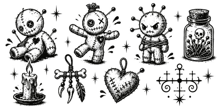 voodoo dolls with pins, mystical symbols, candle, and potion bottle in vintage sketch