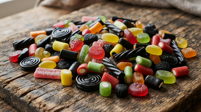 Colorful assortment of candies on wooden table with copy space

