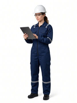 Young white female industrial professional in navy blue coverall inspecting a tablet with helmet and safety glasses isolated on white background
