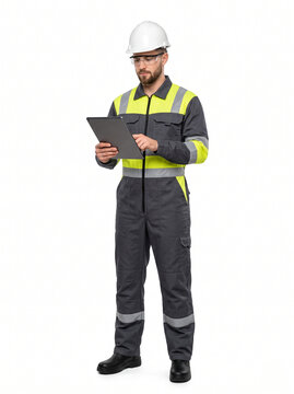 Young white male industrial professional in charcoal gray hi vis coverall inspecting a tablet with helmet and safety glasses isolated on white background